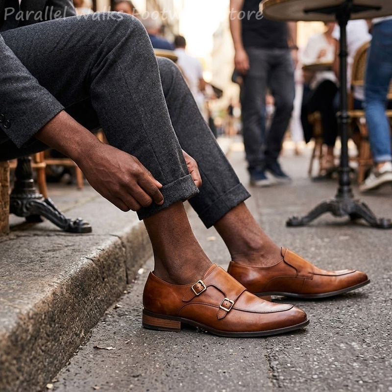 Men Shoes Formal - รองเท้าโลฟเฟอร์แบบสวมสำหรับผู้ชาย หัวเข็มขัดคู่ สไตล์วินเทจ รองเท้าเดรสคลาสสิก รองเท้าออกซ์ฟอร์ดแบบทางการ รองเท้าลำลองสำหรับธุรกิจ