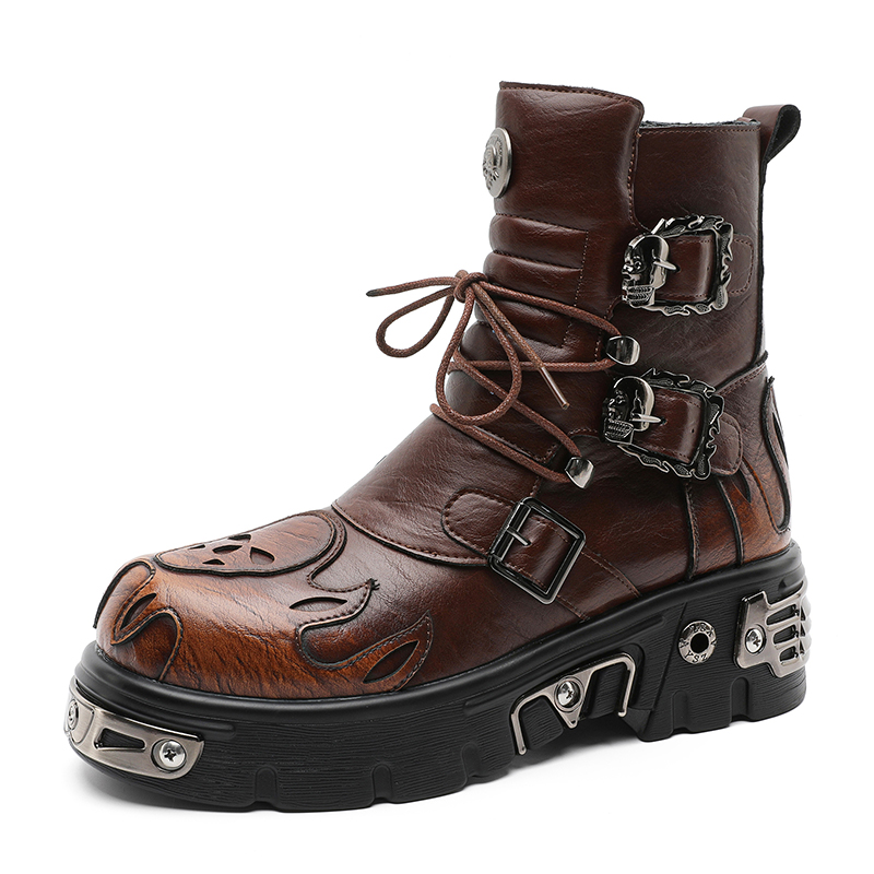 Men'S Shoes Height Increase - รองเท้าบูทมอเตอร์ไซค์สไตล์พังก์เรโทรเท่ๆ ลายหัวกะโหลกและเปลวไฟ แบบปรับแต่งได้สำหรับผู้ชาย พื้นหนา เพิ่มความสูง สำหรับใส่เดินเล่นบนถนน