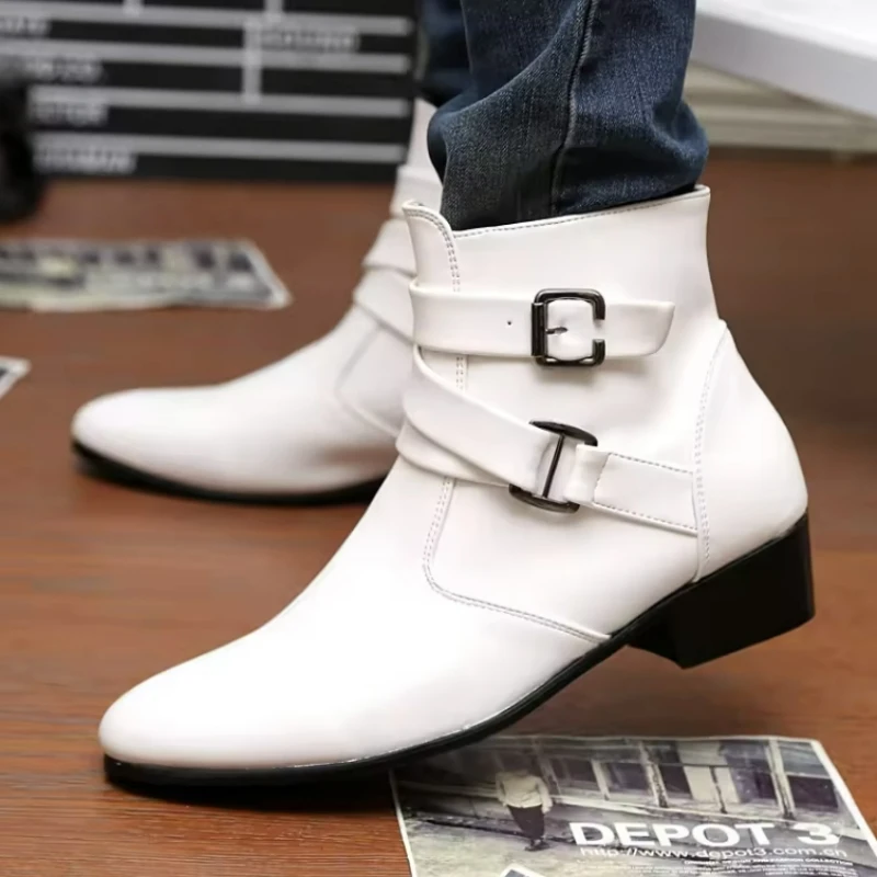 Men Shoes Formal - รองเท้าบูทผู้ชายแบบใหม่ รองเท้าบูทหนังเชลซี หุ้มข้อสูง แบบมีหัวเข็มขัด รองเท้าทางการ รองเท้าบูทข้อเท้าทรงอังกฤษ