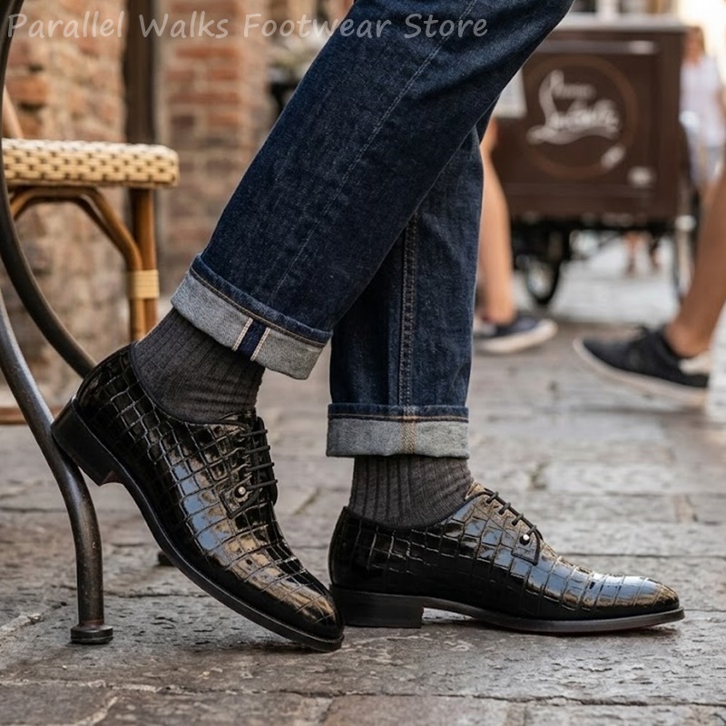 Men Shoes Formal - รองเท้าหนังแก้วผู้ชายลายหนังจระเข้ แบบผูกเชือก รองเท้าทางการสำหรับงานเลี้ยง งานแต่งงาน รองเท้าหนังเงาแบบเดอร์บี้