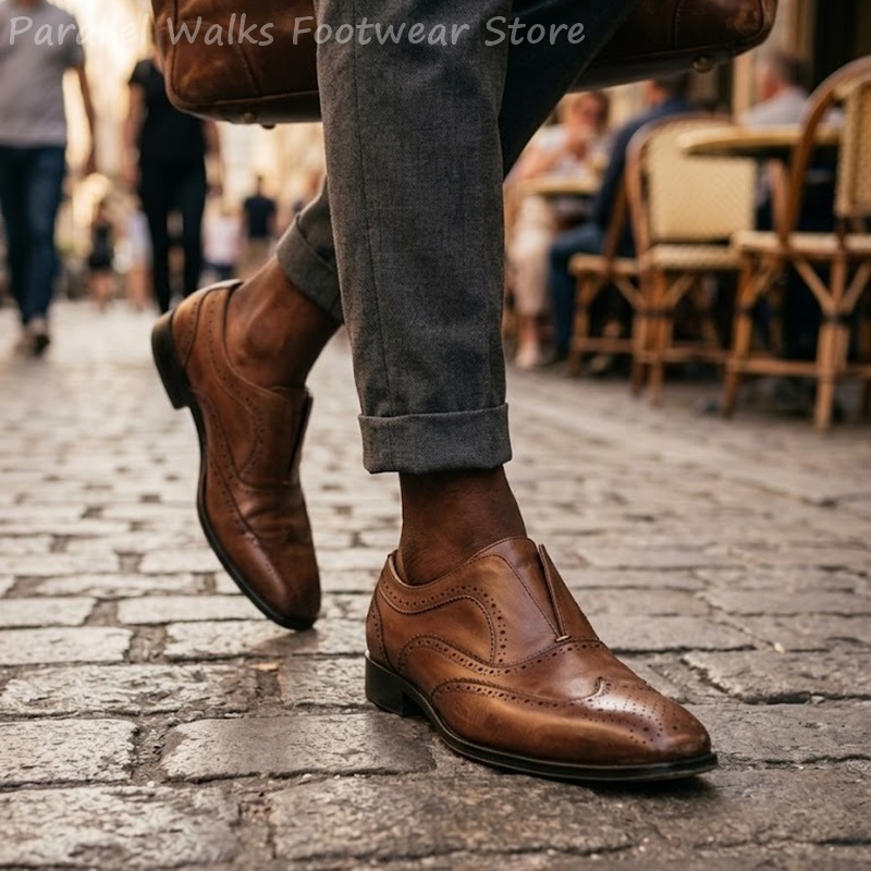 Men Shoes Formal - รองเท้าหนังสีน้ำตาลแบบสวมสำหรับผู้ชาย แบบมีรูระบายอากาศ แบบ Wingtip สำหรับงานเลี้ยงตอนเย็น รองเท้าออกซ์ฟอร์ด