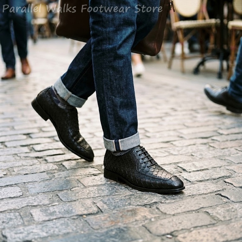 Men Shoes Formal - รองเท้าอ็อกซ์ฟอร์ดผู้ชายลายหนังปลาแบบนูน ทรงบร็อก ปลายแหลม ผูกเชือก สำหรับงานทางการ ธุรกิจ